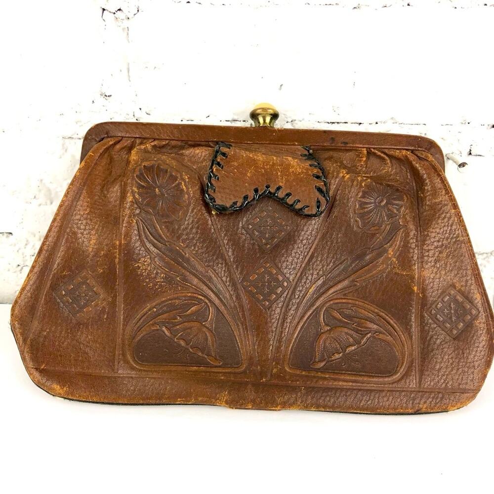 Vintage Leather Floral Embossed Clutch
